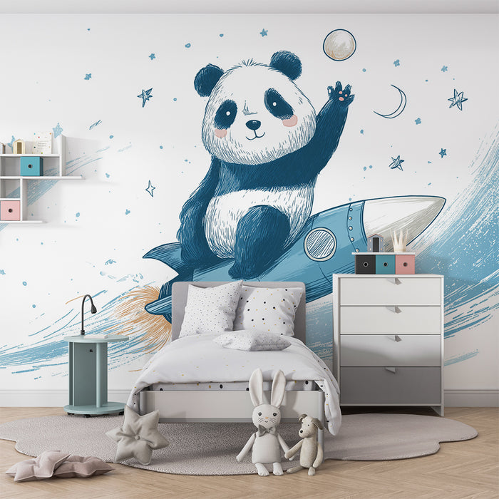 Kinderzimmer Tapete | Panda Astronaut auf einer Rakete im Weltraum