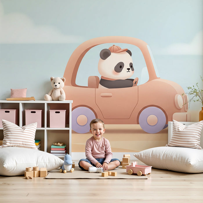 Kinderkamer behang | Avontuurlijke panda in auto