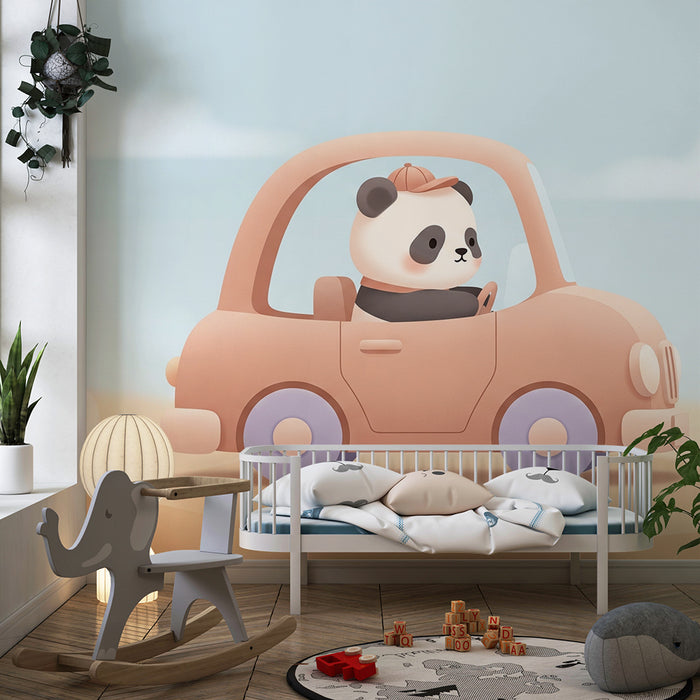 Kinderkamer behang | Avontuurlijke panda in auto