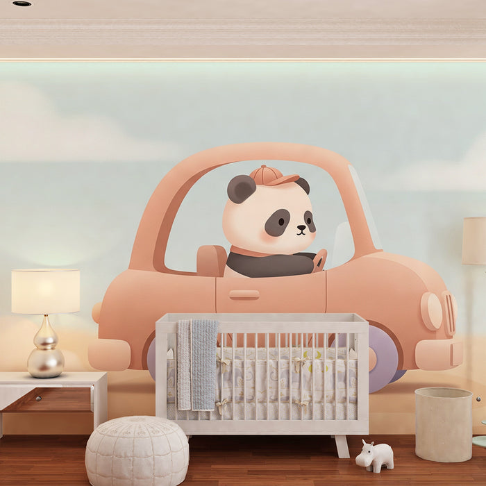 Kinderkamer behang | Avontuurlijke panda in auto