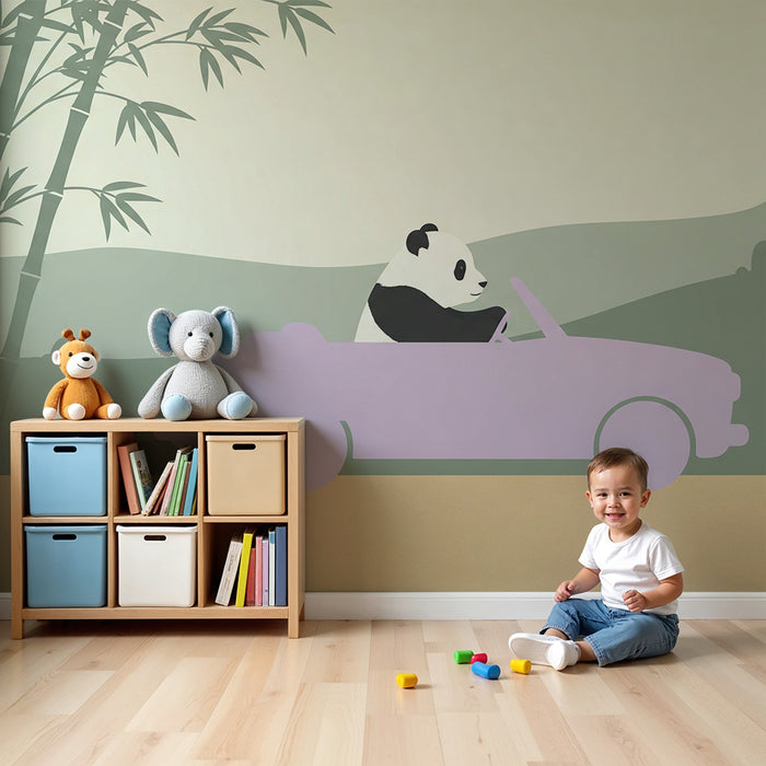 Tapet barnerom | Panda eventyrer i rosa bil