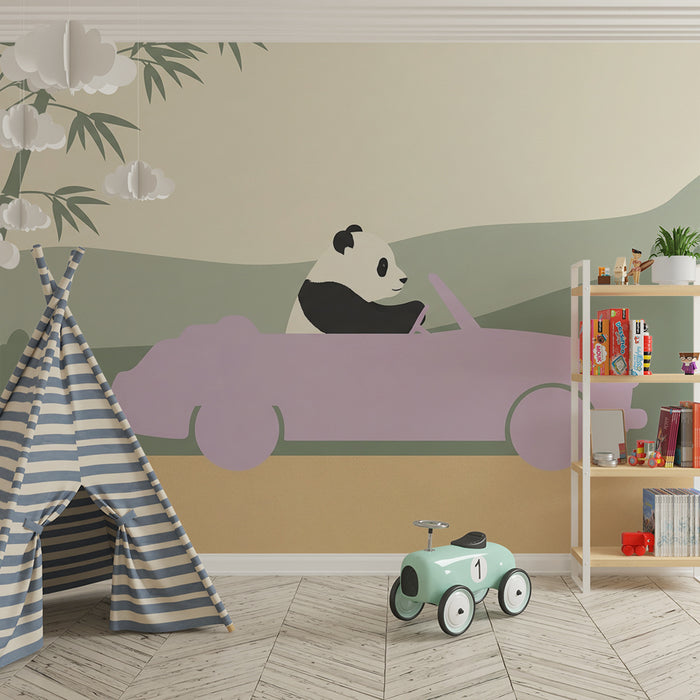Tapet barnerom | Panda eventyrer i rosa bil