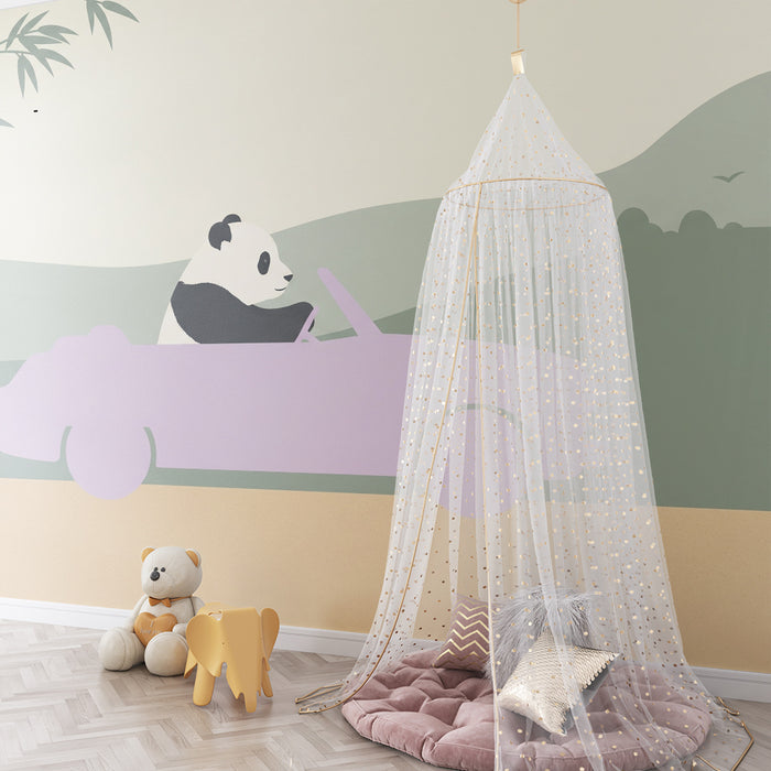 Tapet barnerom | Panda eventyrer i rosa bil