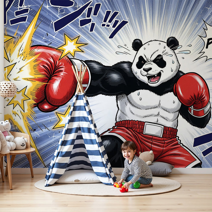 Kinderslaapkamer behang | Dynamische boksende panda met stralende sterren