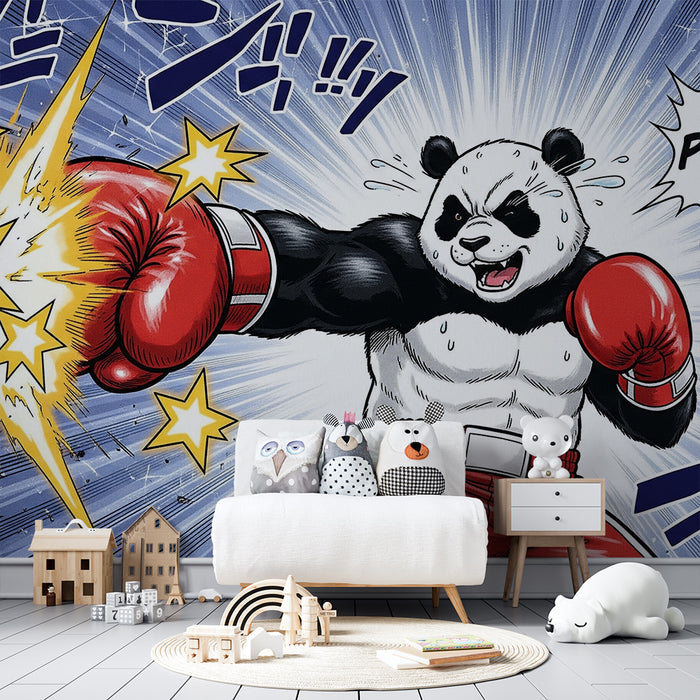 Kinderslaapkamer behang | Dynamische boksende panda met stralende sterren