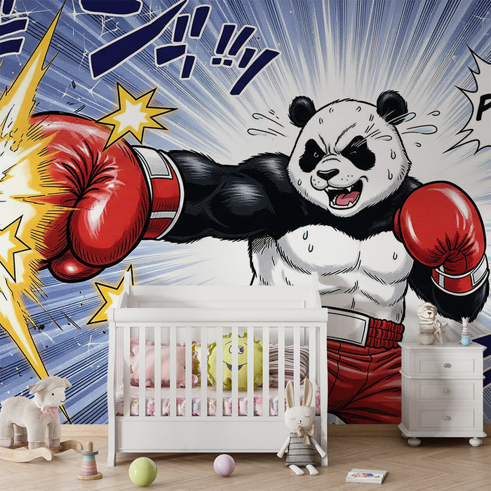 Kinderslaapkamer behang | Dynamische boksende panda met stralende sterren