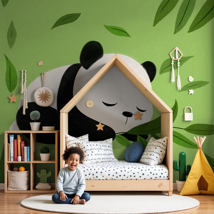 Kinderzimmer Tapete | Kuschelnder Panda und grüne Blätter