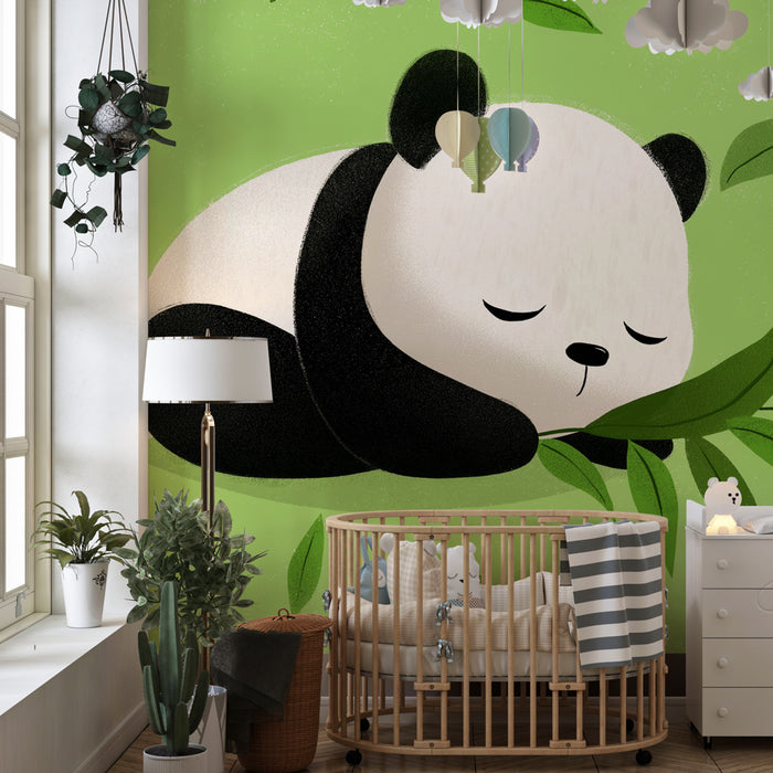 Kinderzimmer Tapete | Kuschelnder Panda und grüne Blätter