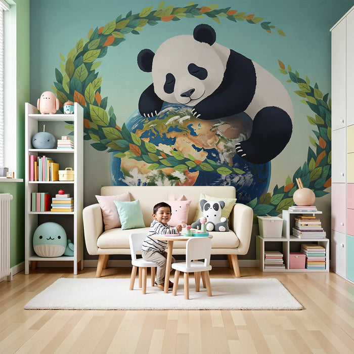 Tapety dla dzieci | Przytulny panda na Ziemi otoczony kolorowymi liśćmi