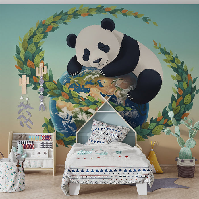 Tapety dla dzieci | Przytulny panda na Ziemi otoczony kolorowymi liśćmi