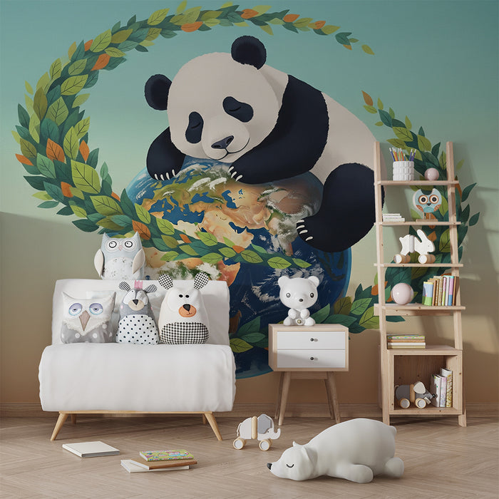 Tapety dla dzieci | Przytulny panda na Ziemi otoczony kolorowymi liśćmi