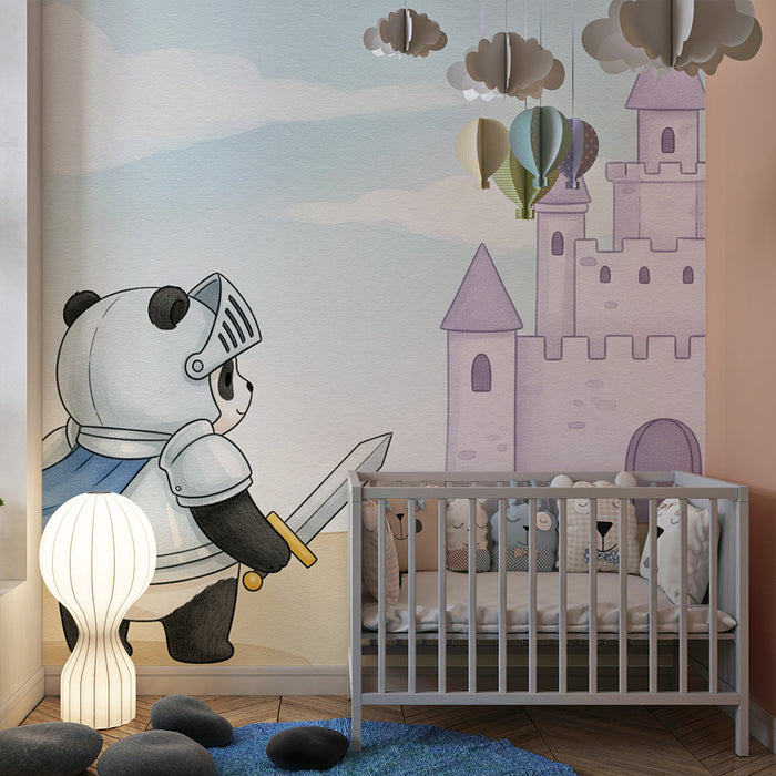 Tapet pentru camera copilului | Panda cavaler și castel fermecat