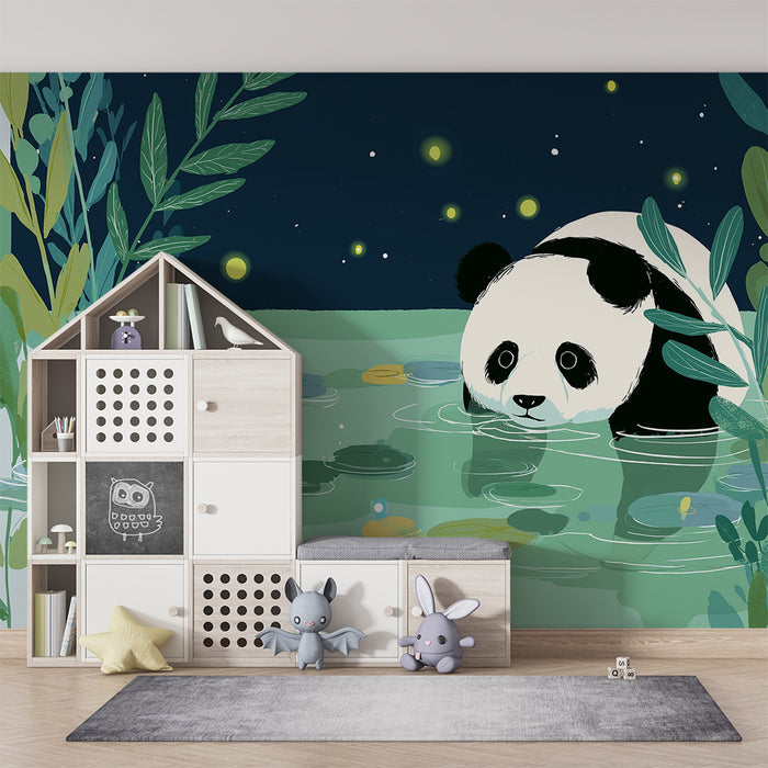 Barntapet | Nyfiken panda vid vattenkanten under stjärnorna