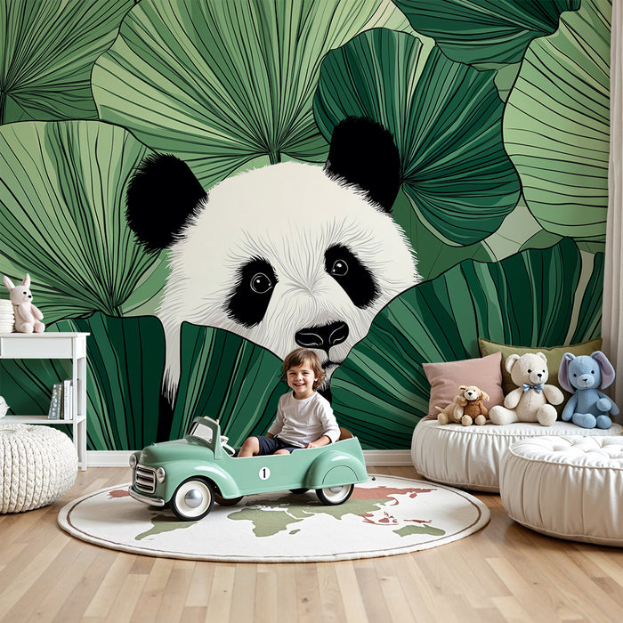 Kinderzimmer Tapete | Neugieriger Panda versteckt hinter üppigen Blättern
