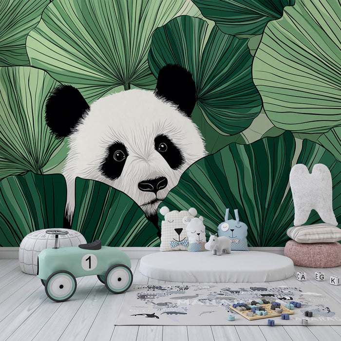 Kinderzimmer Tapete | Neugieriger Panda versteckt hinter üppigen Blättern