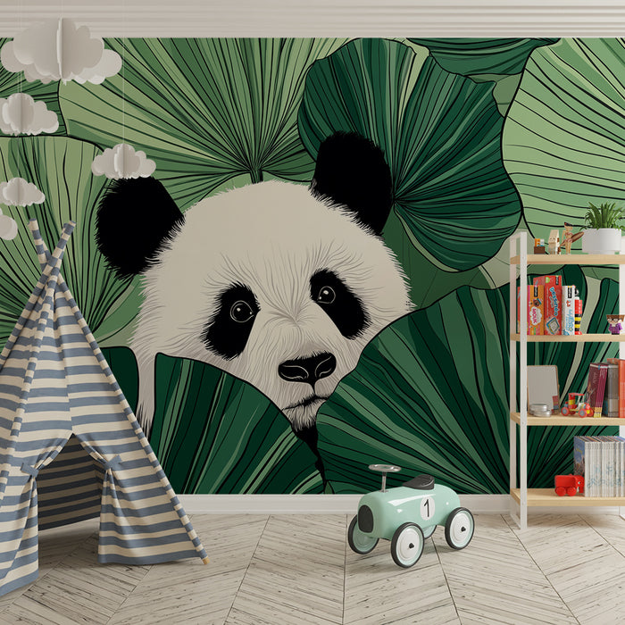 Kinderzimmer Tapete | Neugieriger Panda versteckt hinter üppigen Blättern
