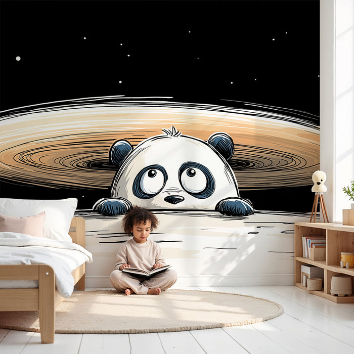 Papel de parede criança | Panda curioso no espaço com Saturno ao fundo
