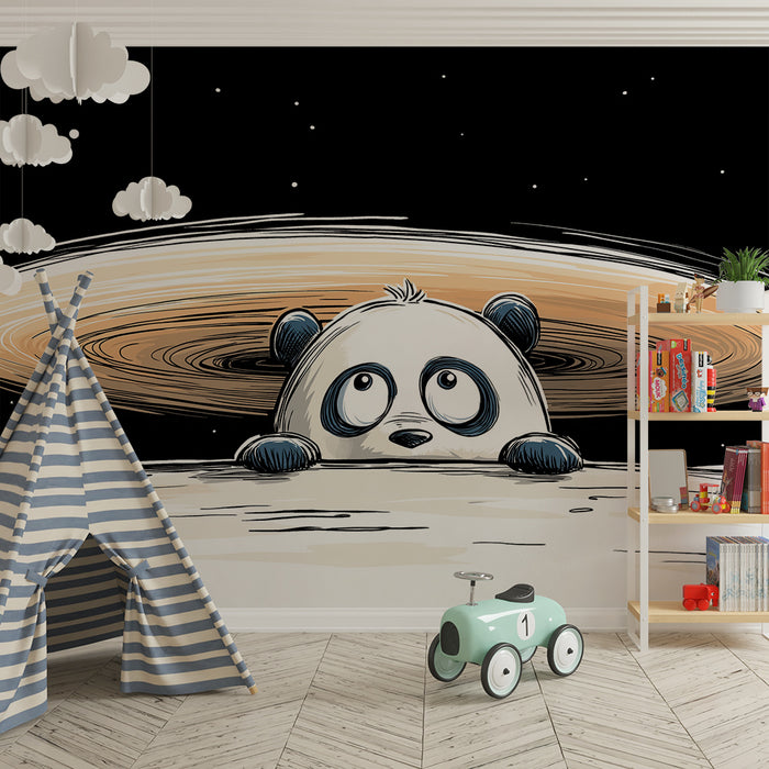 Papel de parede criança | Panda curioso no espaço com Saturno ao fundo