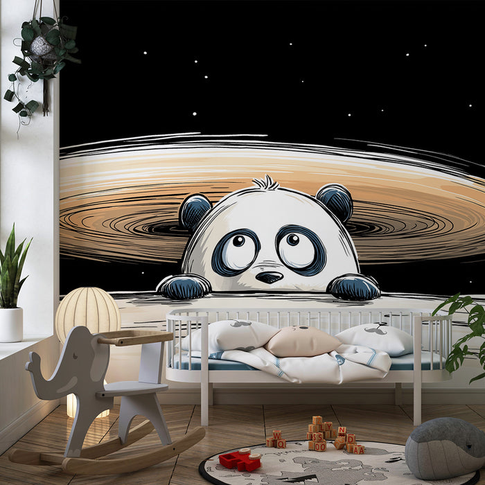 Papel de parede criança | Panda curioso no espaço com Saturno ao fundo