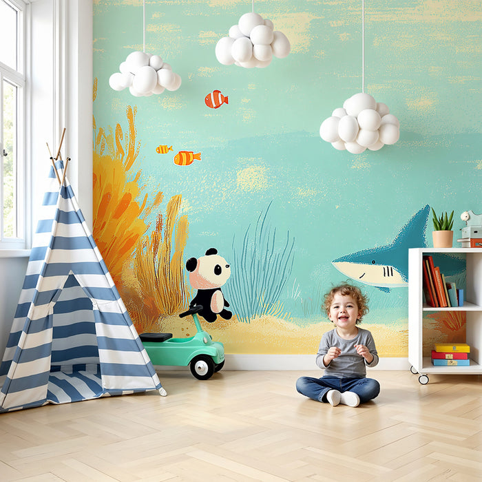 Kinderzimmer Tapete | Neugieriger Panda und Hai in einer bunten Unterwasserwelt