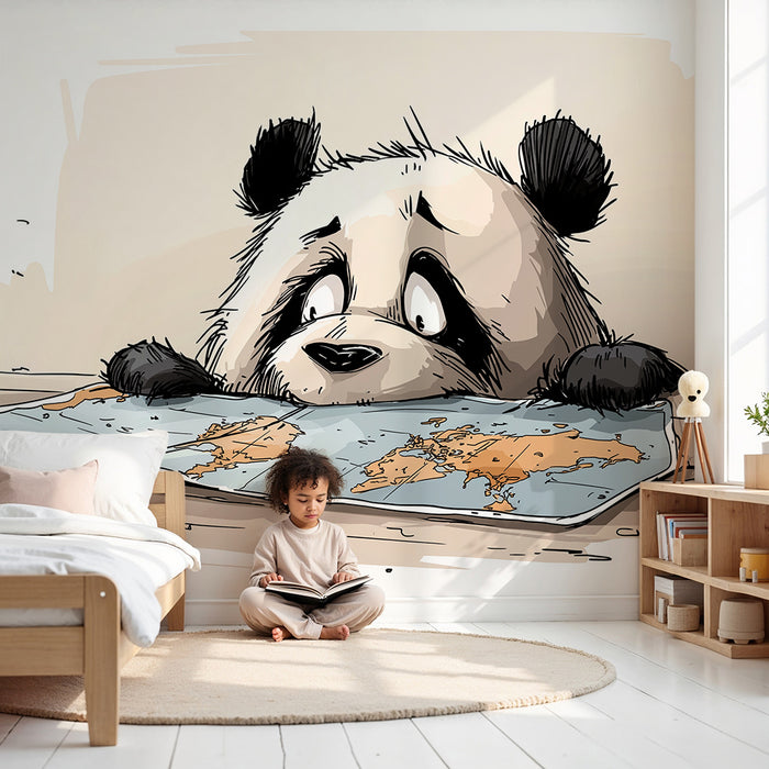 Papel de parede criança | Panda curioso a explorar um mapa-múndi