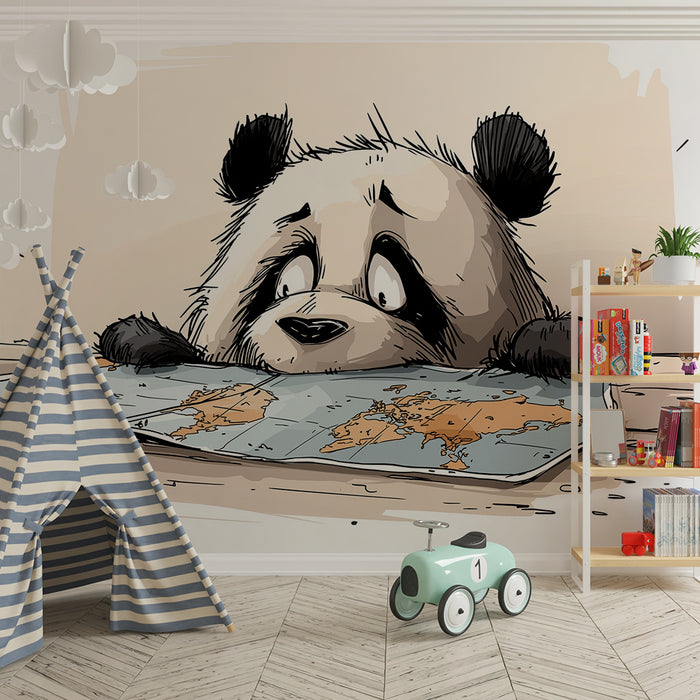 Papel de parede criança | Panda curioso a explorar um mapa-múndi