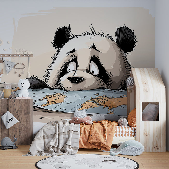 Papel de parede criança | Panda curioso a explorar um mapa-múndi