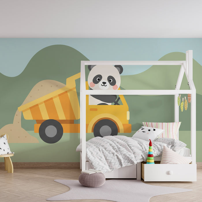 Carta da parati bambini | Panda in un camion da cantiere