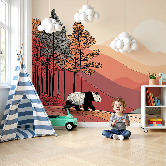 Kinderzimmer Tapete | Panda in einer herbstlichen Landschaft mit Bergen