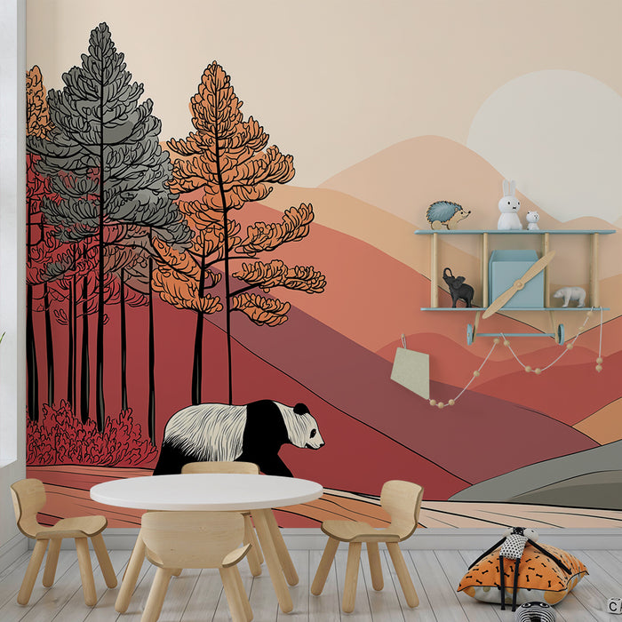 Kinderzimmer Tapete | Panda in einer herbstlichen Landschaft mit Bergen