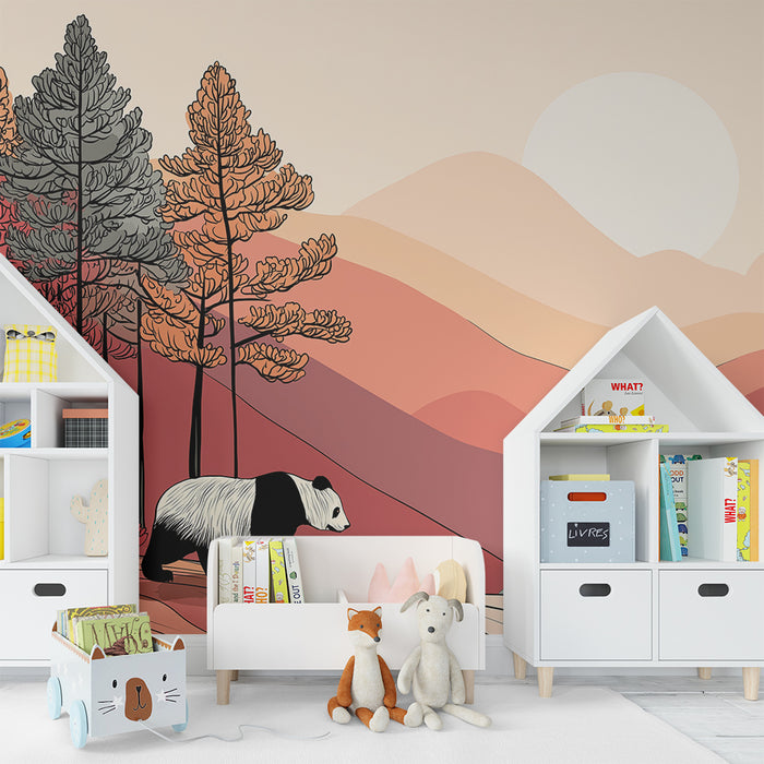 Kinderzimmer Tapete | Panda in einer herbstlichen Landschaft mit Bergen