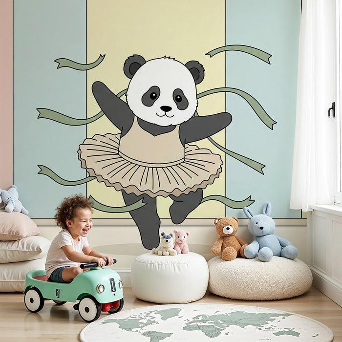 Kinderzimmer Tapete | Tanzender Panda mit bunten Bändern