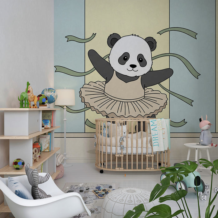Kinderzimmer Tapete | Tanzender Panda mit bunten Bändern