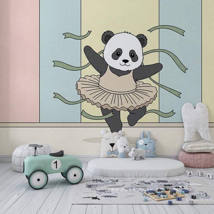 Kinderzimmer Tapete | Tanzender Panda mit bunten Bändern