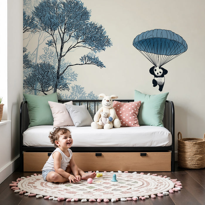 Papier peint chambre enfant | Panda en parachute au cœur de la nature