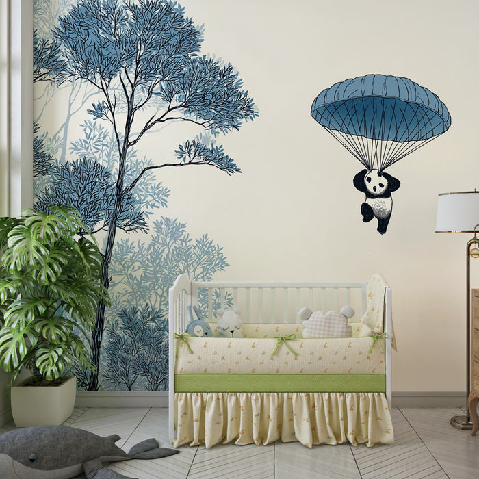 Papier peint chambre enfant | Panda en parachute au cœur de la nature
