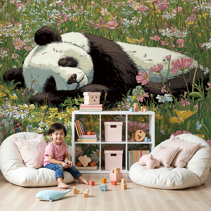 Børneværelse tapet | Sovende panda midt i farverige blomster