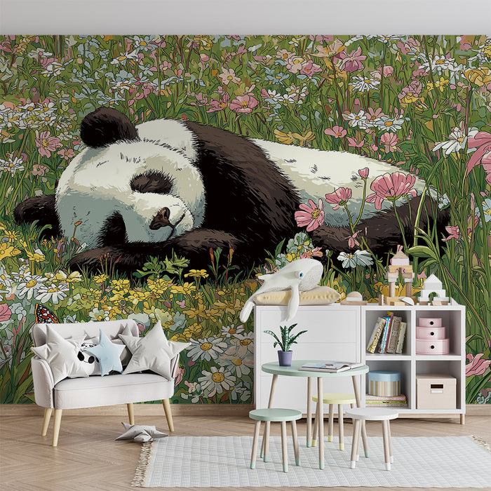 Børneværelse tapet | Sovende panda midt i farverige blomster