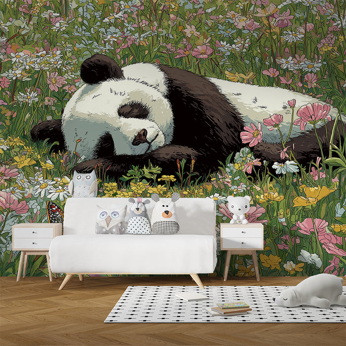 Børneværelse tapet | Sovende panda midt i farverige blomster