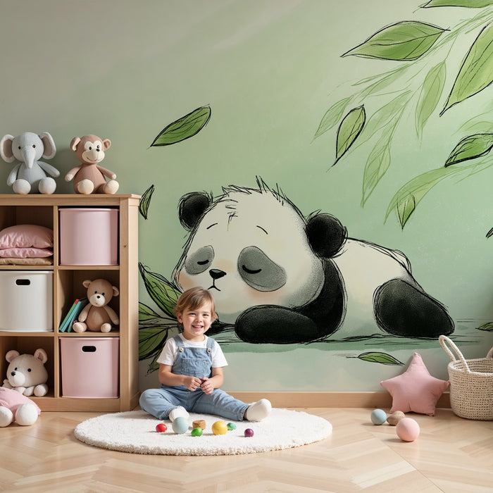 Kinderzimmer Tapete | Schlafender Panda und weiche Blätter
