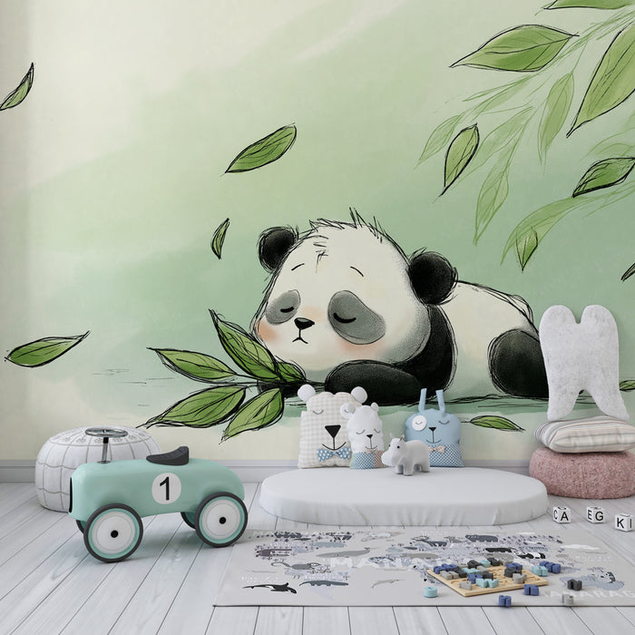 Kinderzimmer Tapete | Schlafender Panda und weiche Blätter