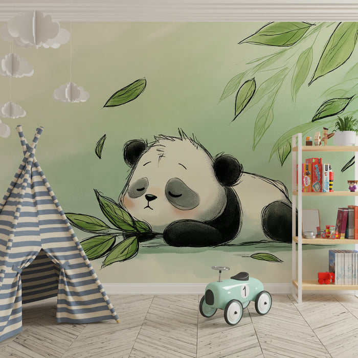 Kinderzimmer Tapete | Schlafender Panda und weiche Blätter