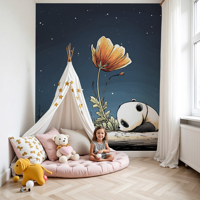 Barntapet | Sovande panda under stjärnorna med en blomstrande blomma