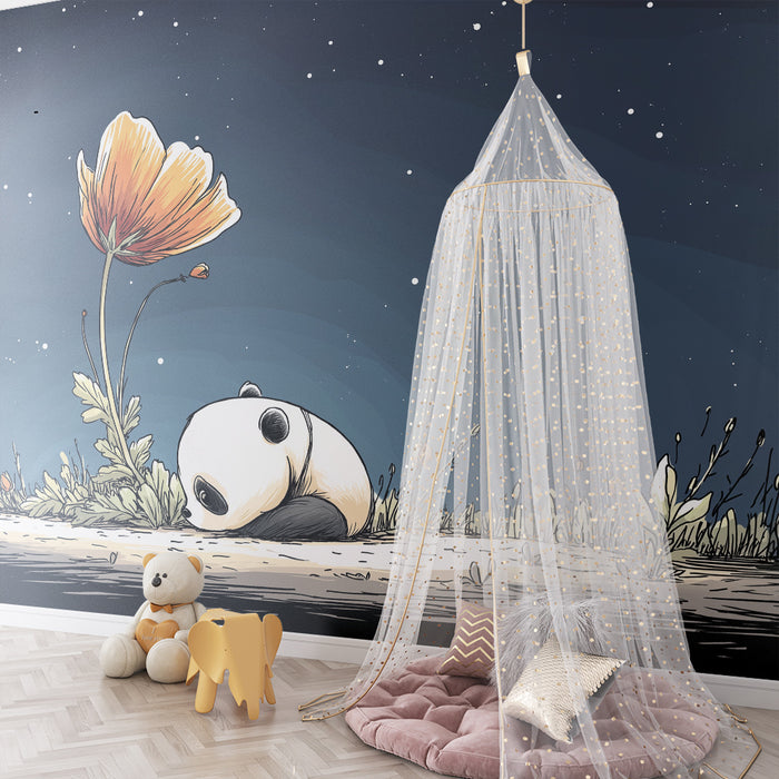 Barntapet | Sovande panda under stjärnorna med en blomstrande blomma