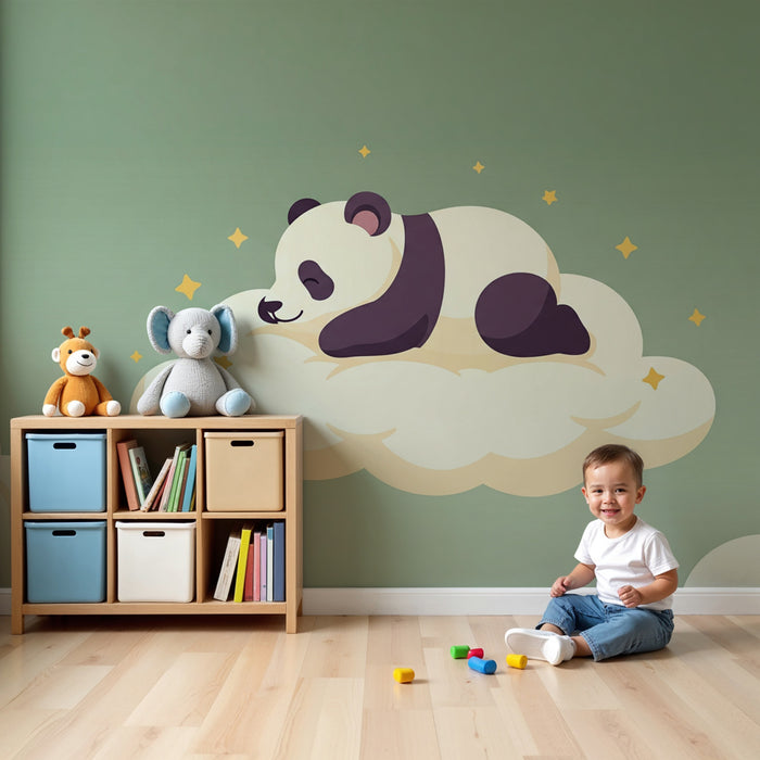 Kinderzimmer Tapete | Schlafender Panda auf einer Wolke auf einem Salbeigrünen Hintergrund