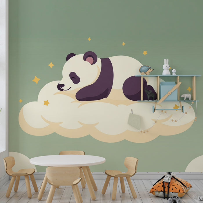 Kinderzimmer Tapete | Schlafender Panda auf einer Wolke auf einem Salbeigrünen Hintergrund