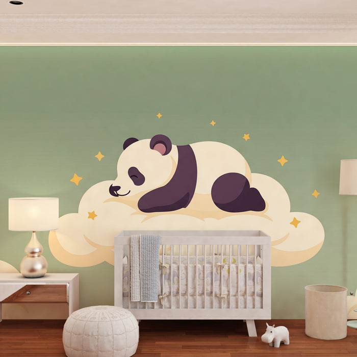 Kinderzimmer Tapete | Schlafender Panda auf einer Wolke auf einem Salbeigrünen Hintergrund