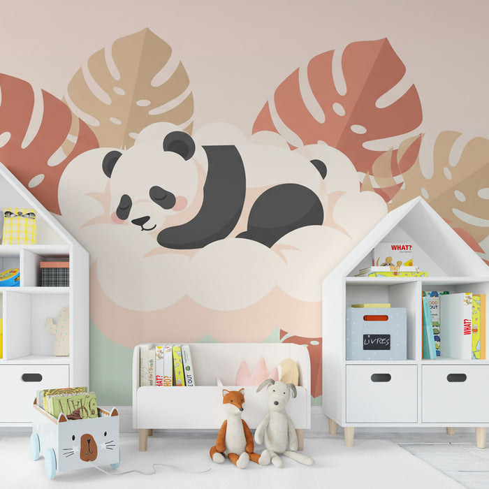 Kinderzimmer Tapete | Schlafender Panda auf einer Wolke im abgestuften Hintergrund