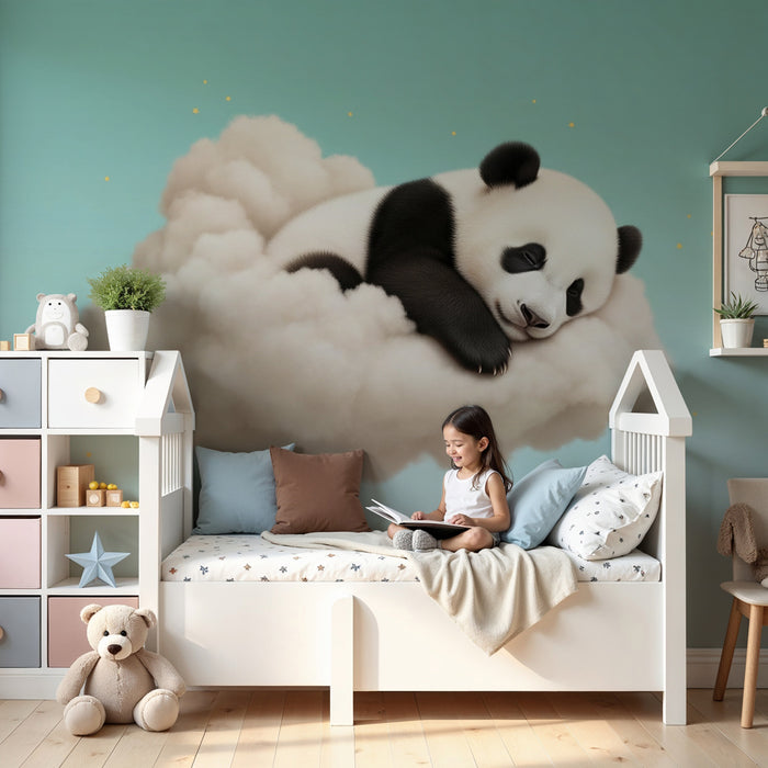 Kinderzimmer Tapete | Schlafender Panda auf einer Wolke und Hintergrund in Farbverlauf