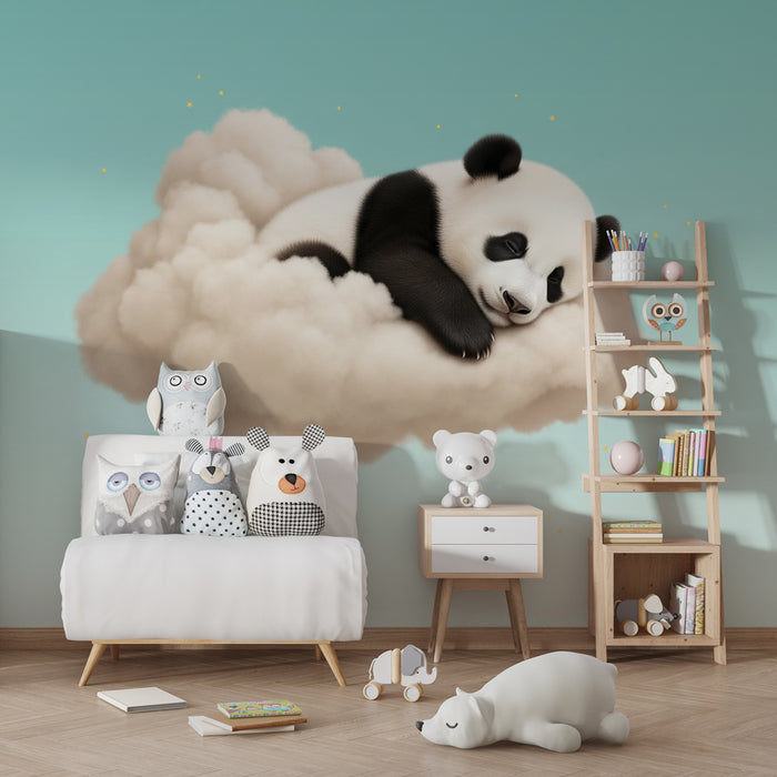 Kinderzimmer Tapete | Schlafender Panda auf einer Wolke und Hintergrund in Farbverlauf
